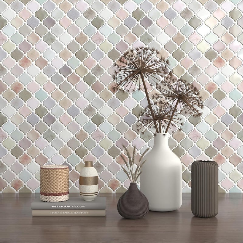 CHIHUT Arabesque Peel and Stick Backsplash 12''x12'' Waterproof Oil Proof Blush Pink Lavender Mottled Marble Self Adhesive Wall Tiles Removable Glossy Stick on Backsplash for Kitchen Bathroom 6 Sheets - Image 5