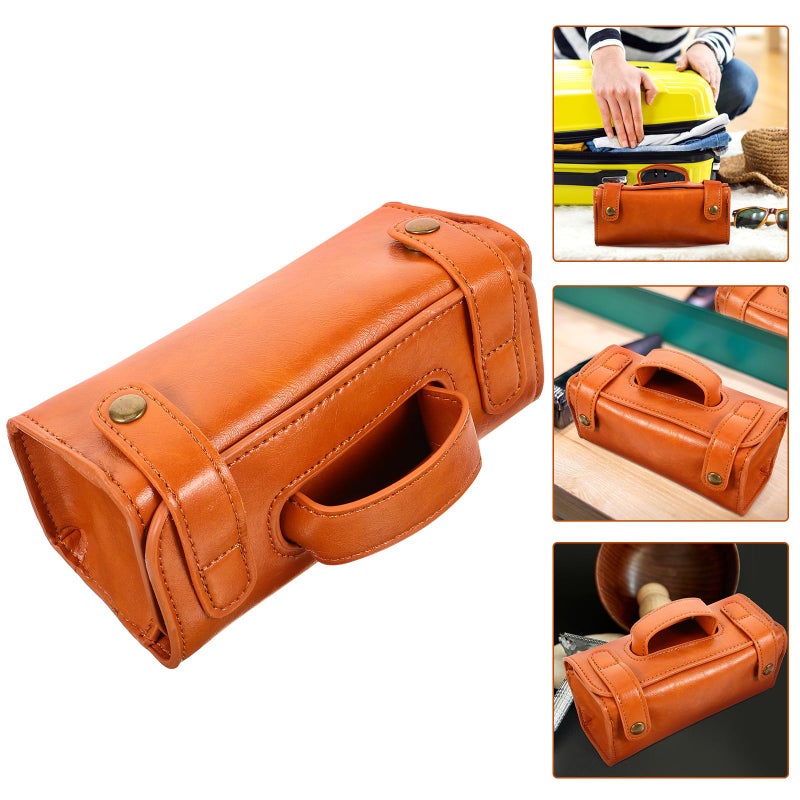 Large Capacity Brown PU Leather Toiletry Bag For Men With Razor Sleeve Travel Grooming Organizer - Image 5