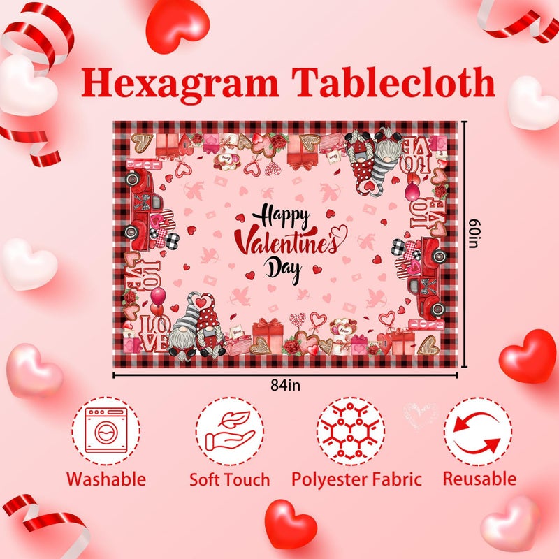Hexagram Valentines Tablecloth Rectangle 60 x 84 Inch, Valentine Tablecloths Gnomes Truck Buffalo Plaid Cover for Party Home Dinner Decor - Image 3