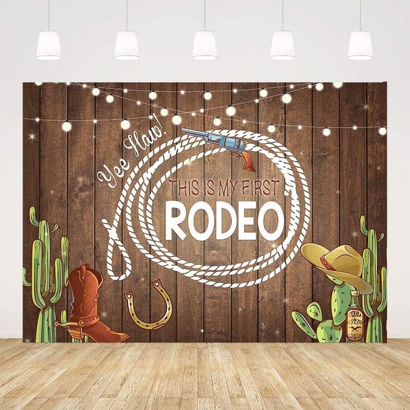 Ticuenicoa 9x6ft This is My First Rodeo 1st Birthday Backdrop Western Cowboy Mexican Cactus Birthday Background for Parties Rustic Wood Baby Shower Backdrops Cake Table Banner Photo Booth Props - Image 1