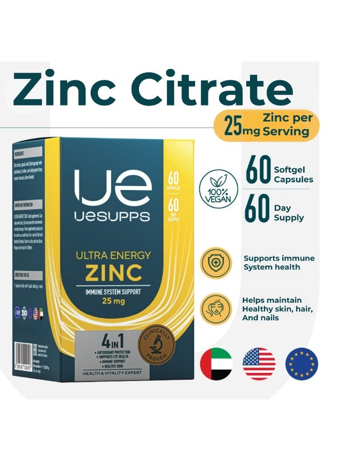 UESUPPS مكمل زنك سترات UESUPPS | صيغة طاقة فائقة مع زنك متاح حيوياً لتناول المعادن اليومية، وظيفة الخلايا ودعم المغذيات المضادة للأكسدة | كبسولات نباتية | 60 كبسولة - Image 2