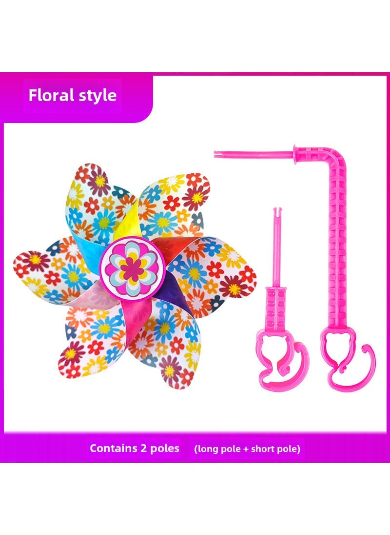 Colorful Kids Scooter Streamers Windmill Handlebar Decorations [Floral] long rod + short rod