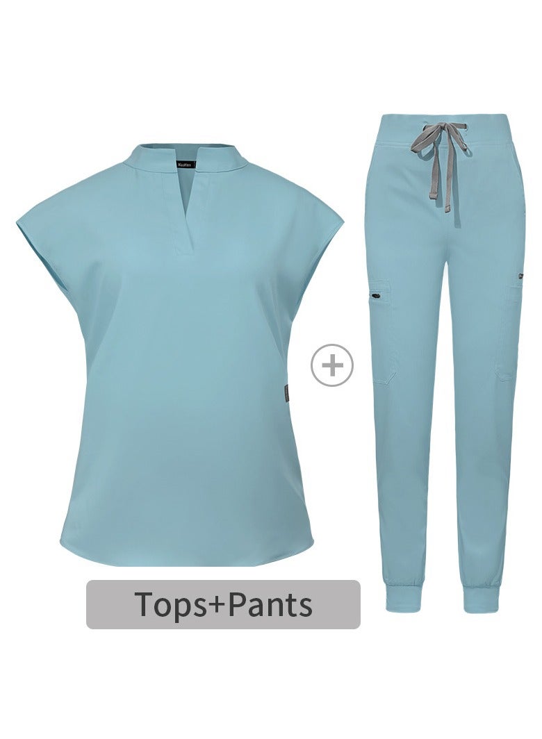Loquat Womens Medical Uniform Scrubs 2 Piece Set V-Neck Top and Elastic Waist Jogger Pants Suit Light Blue