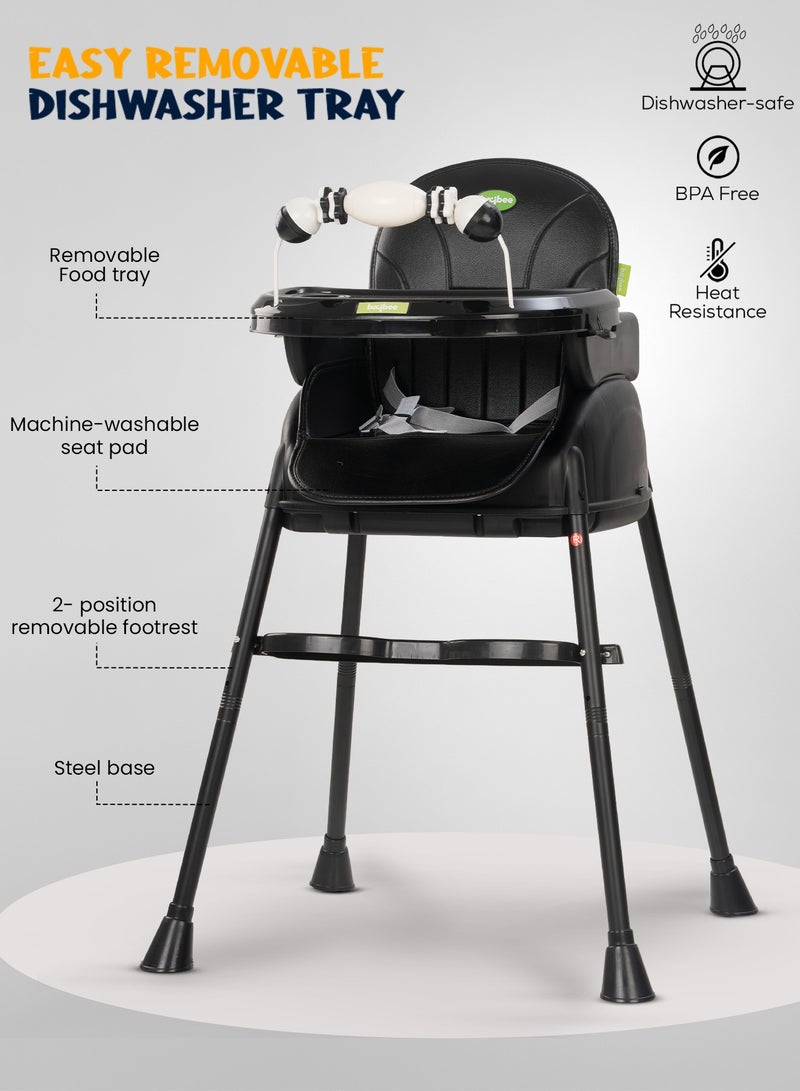 BAYBEE 4 In 1 Nora Convertible High Chair For Kids With Adjustable Height And Footrest Baby Toddler Feeding Booster Seat With Tray Safety Belt Kids High Chair For Baby 6 Months To 4 Years Black - Image 3