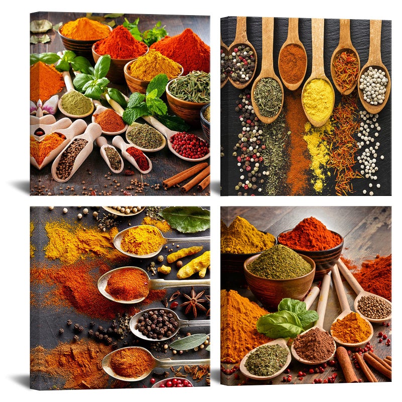 HOMEOART HOMEOART Kitchen Pictures Wall Decor 4 Piece Set Colorful Spices and Spoon Painting Canvas Wall Art Prints Framed Ready to Hang 12x12x4 Panels Dining Room Restaurant Home Wall Decor 