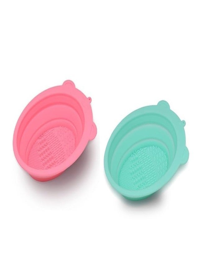 MobFest® Flexible Silicone Makeup Brushes Cleaning Foldable Bowl Sponge Powder Puff Scrub Pad Cosmetic Brush Cleaner Tray, Multicolor (M, 2) - Image 1