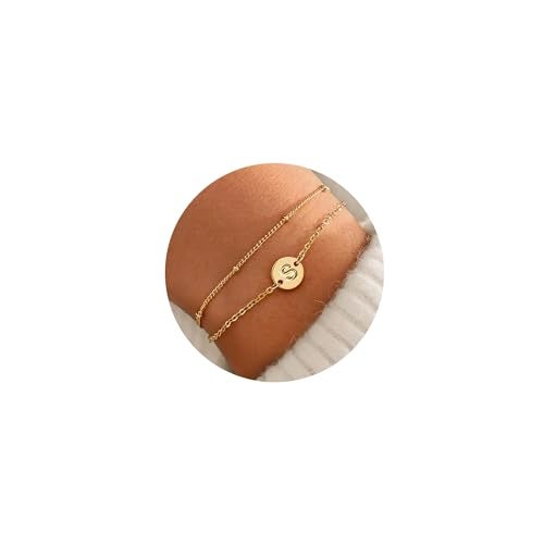 MONOZO Initial Bracelets for Women Jewelry Gifts Trendy - Dainty 18K-Gold-Plated Disc Monogram Letter S Initial Bracelets for Women Personalized Jewelry Gifts for Her - Image 1