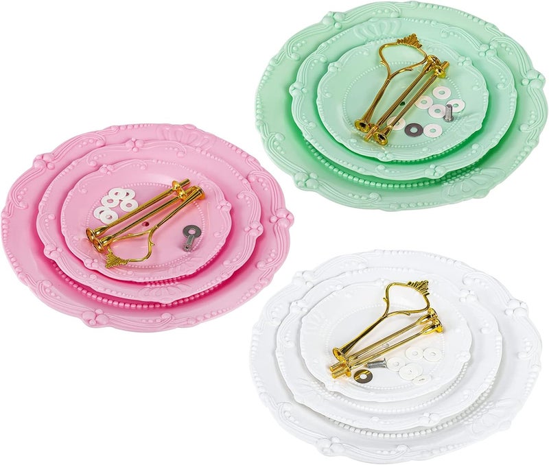 Fasmov 3 Pack 3 Tier Plastic Cupcake Stand, Dessert Plates Cake Fruit Candy Display Tower Reusable Pastry Platter for Wedding Birthday Baby Shower Tea Party Decorations - White Pink Green - Image 3