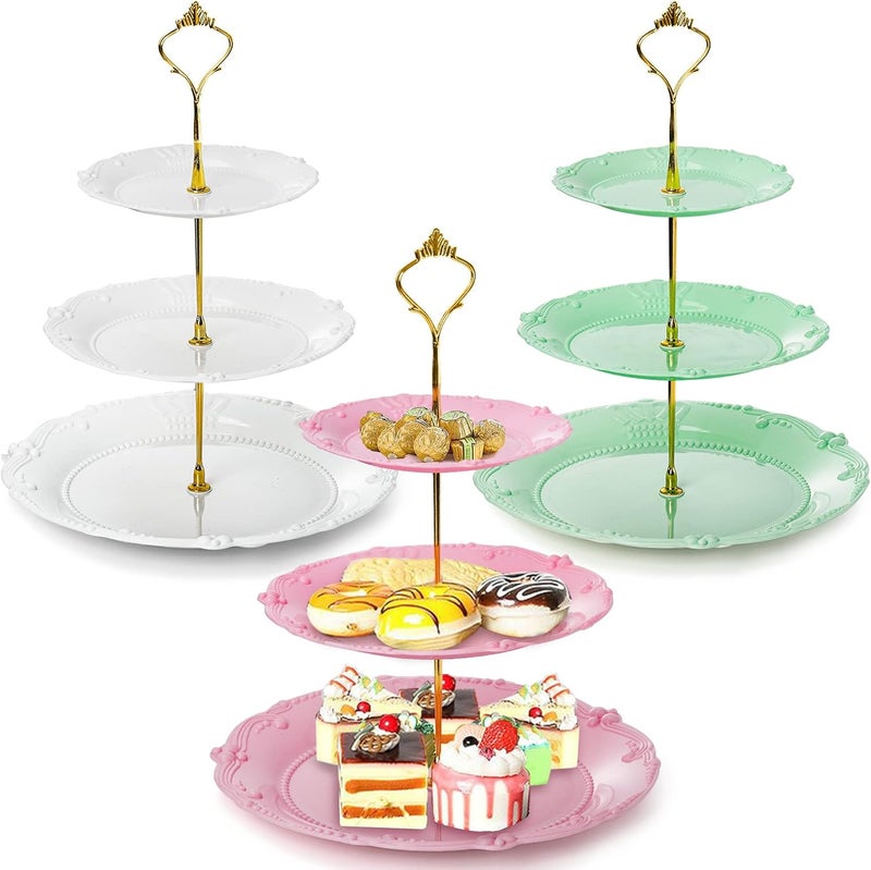 Fasmov 3 Pack 3 Tier Plastic Cupcake Stand, Dessert Plates Cake Fruit Candy Display Tower Reusable Pastry Platter for Wedding Birthday Baby Shower Tea Party Decorations - White Pink Green - Image 1