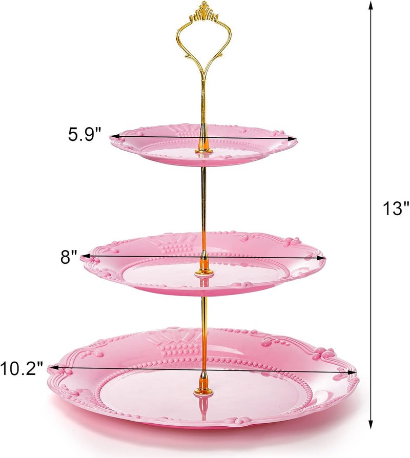 Fasmov 3 Pack 3 Tier Plastic Cupcake Stand, Dessert Plates Cake Fruit Candy Display Tower Reusable Pastry Platter for Wedding Birthday Baby Shower Tea Party Decorations - White Pink Green - Image 2