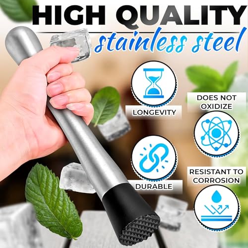 Ramkuwar 9 Inches Professional Muddler for Cocktail Drink Stainless Steel Muddler Cocktail Kit Ice Crusher Bartender Kit for Home Bar Fruit Crusher for Mojito (Muddler_1Piece) - Image 3