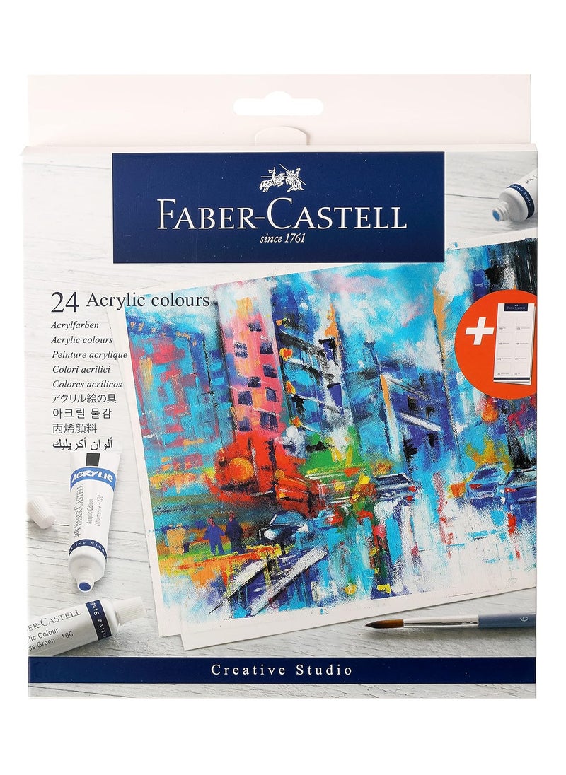 FABER-CASTELL - Faber-Castell Wood Acrylic Colours 9Ml Set Of 24 & Paint Brush Set - Flat, Pack Of 7 (Navy Blue) & Tri-Grip Brush - Round, Pack Of 13 (Assorted) - Image 1