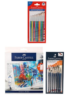 Faber-Castell Wood Acrylic Colours 9Ml Set Of 24 & Paint Brush Set - Flat, Pack Of 7 (Navy Blue) & Tri-Grip Brush - Round, Pack Of 13 (Assorted)