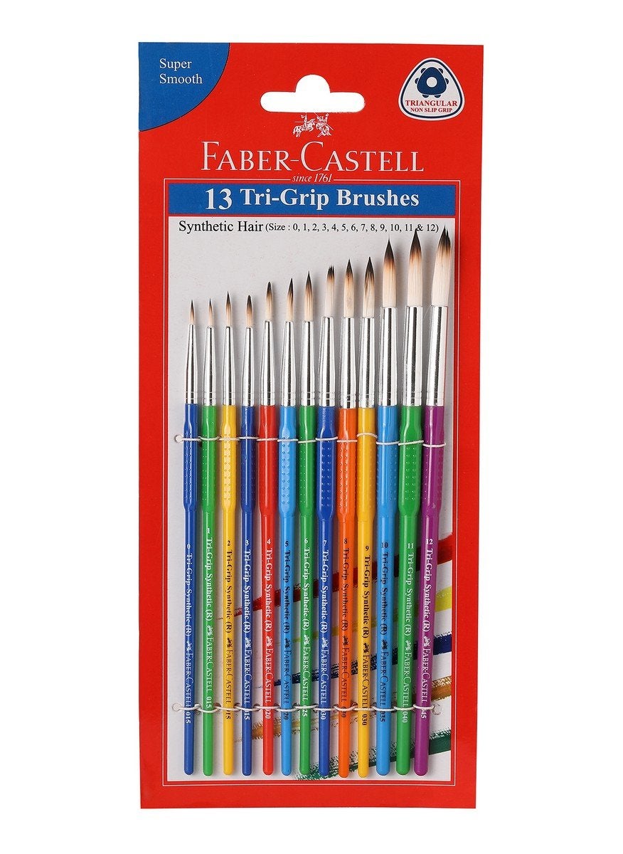 FABER-CASTELL - Faber-Castell Wood Acrylic Colours 9Ml Set Of 24 & Paint Brush Set - Flat, Pack Of 7 (Navy Blue) & Tri-Grip Brush - Round, Pack Of 13 (Assorted) - Image 1