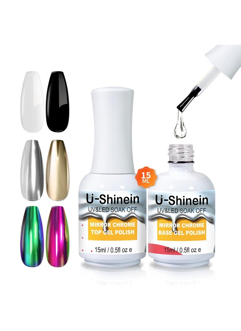 U-Shinein 15ml Top Coat and Base Coat Set for Metallic Painting Gel, No Wipe Clear Top and Base Gel Polish for Metallic Gel Nail Polish, Chrome Nail Powder, Mirror Nail Gel, Mirror Chrome Effect 