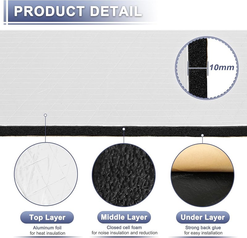 X AUTOHAUX 394mil 10mm 2.69sqft Car Sound Deadening Mat Aluminum Foil Closed Cell Foam Heat Shield Material for Hood Fender and Boat Engine Cover 19.69"x19.69" - Image 3