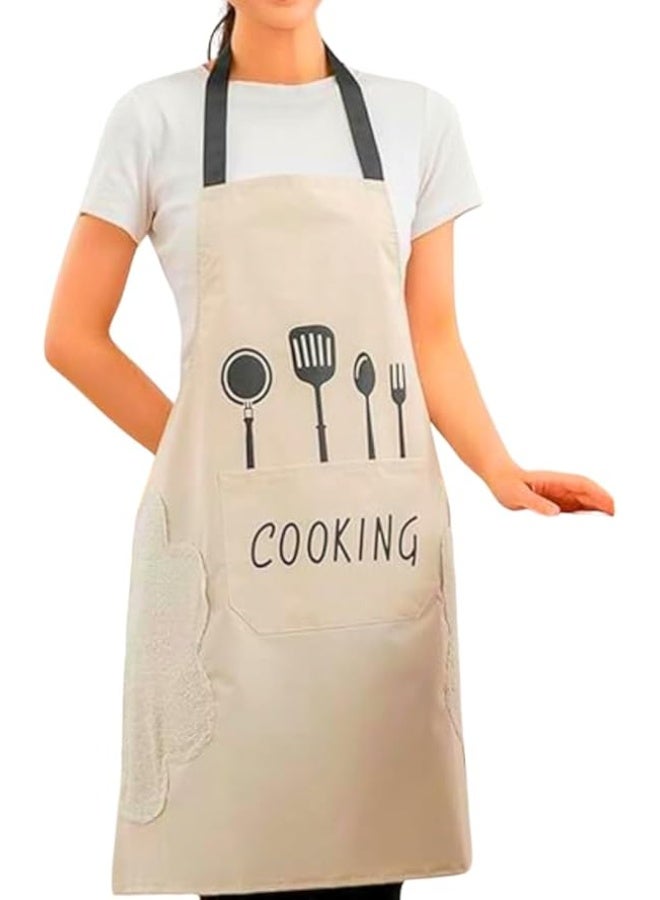 1 Pack Adjustable Waterproof Kitchen Apron for Men and Women – Waterdrop Resistant Polyester Chef Apron with 2 Front Pockets – Heavy Duty Oil Resistant Bib Apron for Cooking, Grilling, Dishwashing, BBQ, Painting, Cleaning, and Chemical Work – Durable, Lightweight, Machine Washable Beige Apron - Image 1