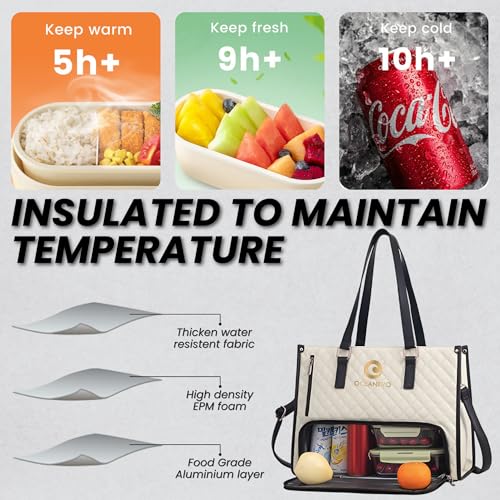 OCEANEVO 2 in 1 Stylish Laptop Tote Bag for Women Office use with Insulated Lunch Bag Compartment includes Small Pouch and Luggage Tag, Laptop Handbag for Office, Travel - 42x32x16 Cm - White-Black - Image 5