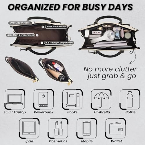 OCEANEVO 2 in 1 Stylish Laptop Tote Bag for Women Office use with Insulated Lunch Bag Compartment includes Small Pouch and Luggage Tag, Laptop Handbag for Office, Travel - 42x32x16 Cm - White-Black - Image 3