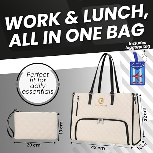 OCEANEVO 2 in 1 Stylish Laptop Tote Bag for Women Office use with Insulated Lunch Bag Compartment includes Small Pouch and Luggage Tag, Laptop Handbag for Office, Travel - 42x32x16 Cm - White-Black - Image 2