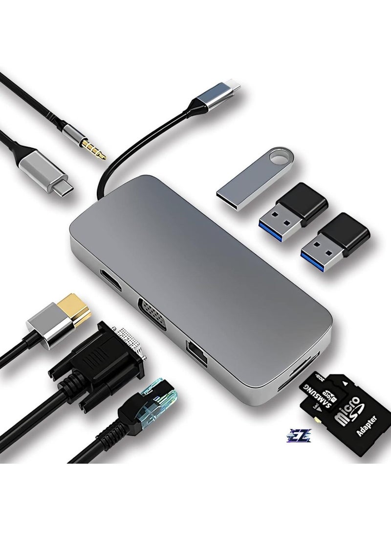 ELTRAZONE 10-in-1 USB C Hub Docking Station with 4K HDMI, VGA, USB 3.0, Ethernet, SD/TF, 3.5mm AUX – Compatible with MacBook Pro & Type C Laptops – Ultimate Connectivity Hub for Work & Entertainment - Image 1