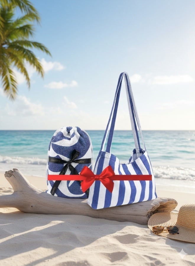 بيرل كوست انترناشيونال Beach Towels & Beach Bag Combo, Pack of 2 | 80% Polyester and 20% Polyaamide Towels | Quick Dry, Super Absorbent (Blue) - Image 1