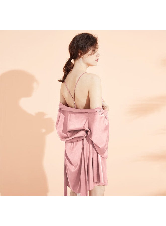 Agentmuse Nude-feel Sleepwear For Women, Wedding Bridesmaid Nightgown, Spaghetti Strap Nightdress, Morning Robe Set 209at, Soft Pink, Size L - Image 1