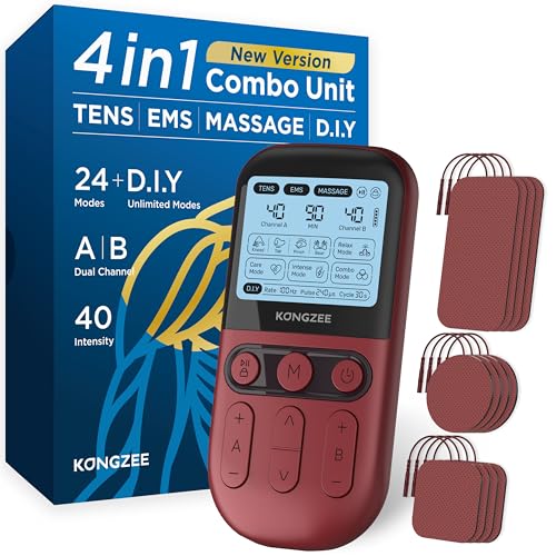 KONGZEE 4 in 1 DIY Tens Unit EMS Massage Muscle Stimulator Dual Channel TENS Units Therapy Machine for Pain Relief FDA Cleared Rechargeable Electronic Pulse Massagerwith 12pcs Electrode Pads - Image 1