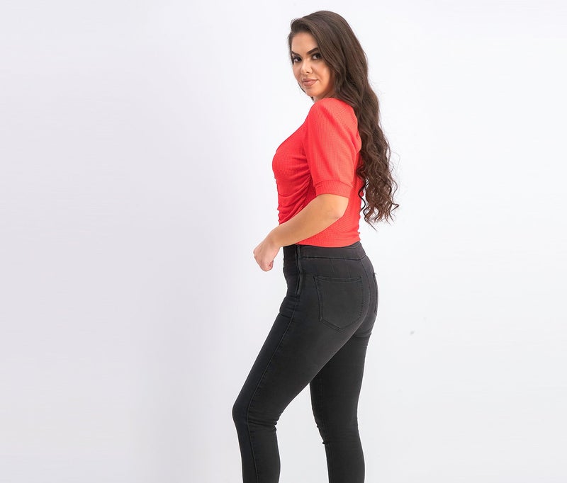 Reserved Women Scoop Neckline Short Sleeves Crop Top, Red - Image 3