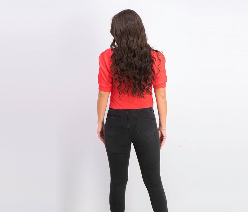 Reserved Women Scoop Neckline Short Sleeves Crop Top, Red - Image 4