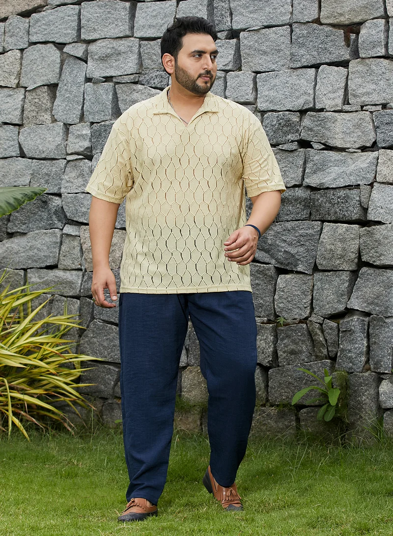 Instafab Plus  Men's Butter Yellow Honeycomb-Knit Polo T-Shirt  | Best Price UAE