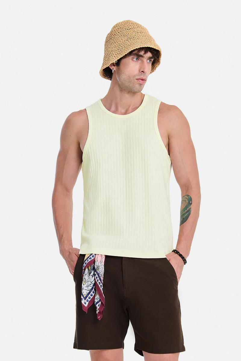 SNITCH Off-White Ribbed Sleeveless Slim Fit Casual T-Shirt