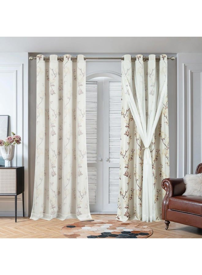 VOGOL 2 Panels Floral Blackout Curtains, Country Style 2 Layered Room Divider Window Treatments, Thermal Cloth Drape with Sheer Tulle for Kitchen Bathroom Office, 52 x 84, Beige - Image 1