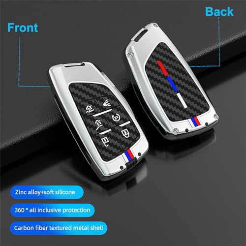 Aoocar 6 Button Heavy Metal Key Fob Cover, Compatible with 2021-2025 2026 GMC Yukon Denali Sierra, Fit for Chevy Silverado Suburban Tahoe Buick, with Carbon Fiber Pattern, Silver (1 Pcs) - Image 5