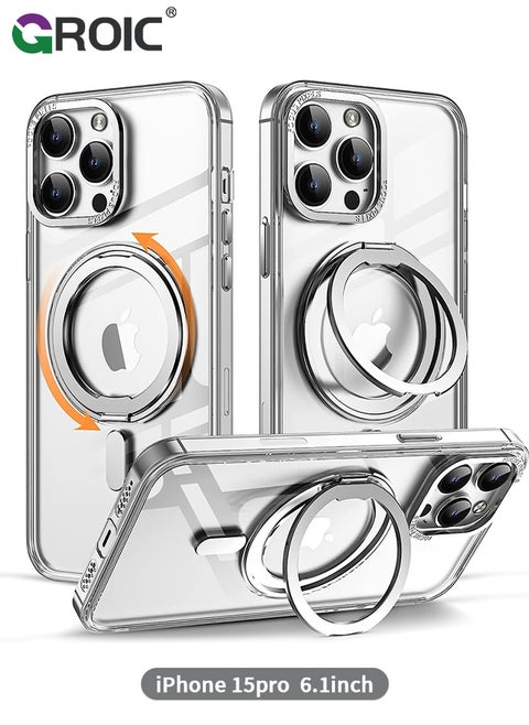 For iPhone 15 Pro Case with Magnetic Invisible Stand, Compatible with MagSafe,Transparent Phone Cover with Lens Protection,iPhone 15 Pro 6.1'' Shockproof Phone Shell