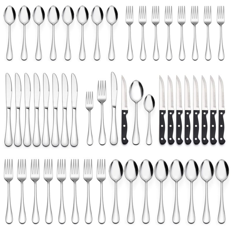 LIANYU 48Piece Silverware Set with Steak Knives Stainless Steel Flatware Cutlery Set for 8 Fancy Eating Utensils Tableware Dishwasher Safe Mirror Finish