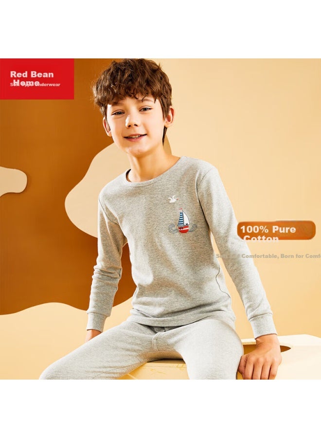 HOdo Home Hodohome Kids' Pure Cotton Printed Class A Autumn Clothes Boys' Thin Warm Underwear Set For Middle And Big Kids Boys Students Cotton Sweater Castle Grey 120/65 - Image 1