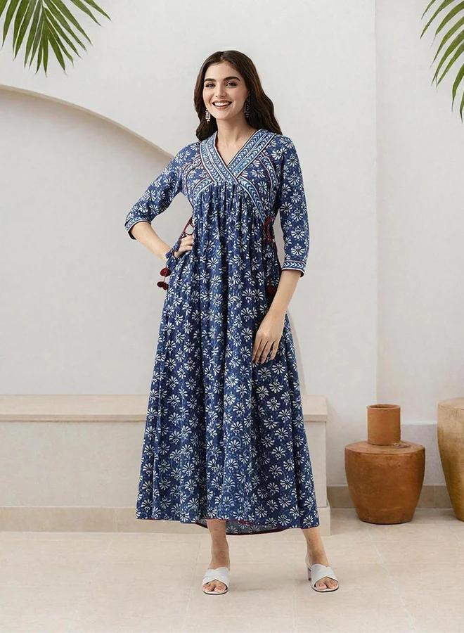 ISHIN ISHIN Women Printed V Neck Cotton A-Line Midi Dress