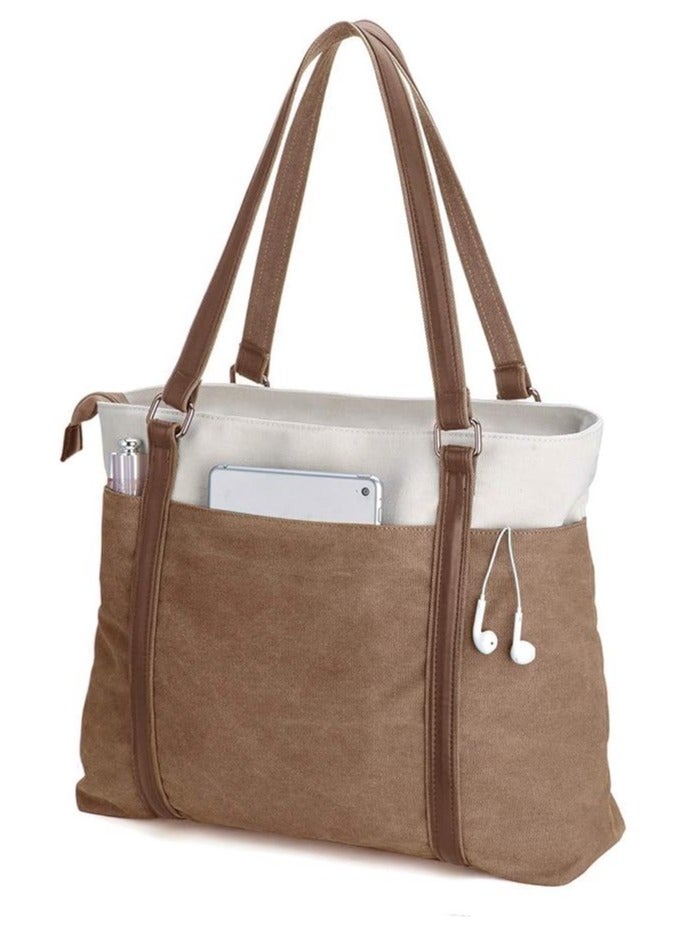 SKT Shiketro Women's Laptop Tote Bag Work Lightweight Spliced ​​Canvas 15.6 Inch Tote Bag  - Image 1