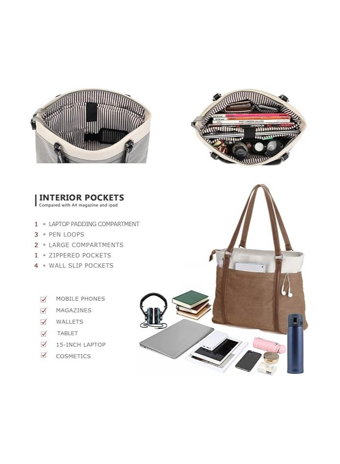 SKT Shiketro Women's Laptop Tote Bag Work Lightweight Spliced ​​Canvas 15.6 Inch Tote Bag  - Image 2