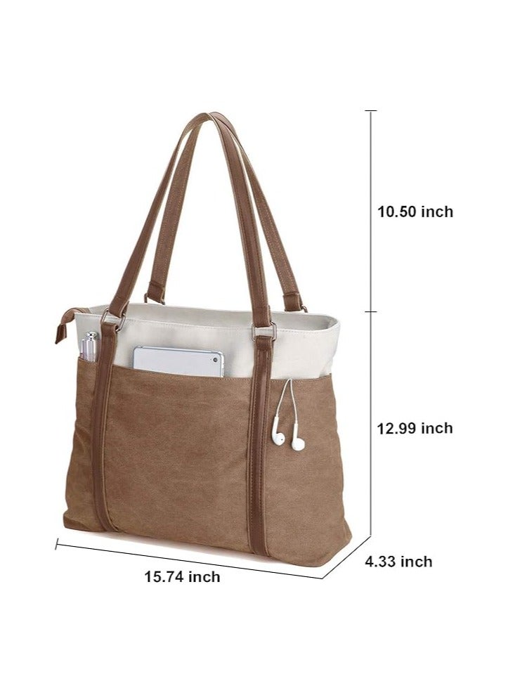 SKT Shiketro Women's Laptop Tote Bag Work Lightweight Spliced ​​Canvas 15.6 Inch Tote Bag  - Image 3