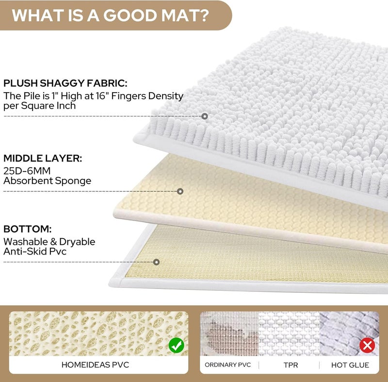 HOMEIDEAS 3 Pieces Bathroom Rugs, Ultra Soft Non Slip Absorbent Chenille Toilet Bath Mat Set (White) - Image 4