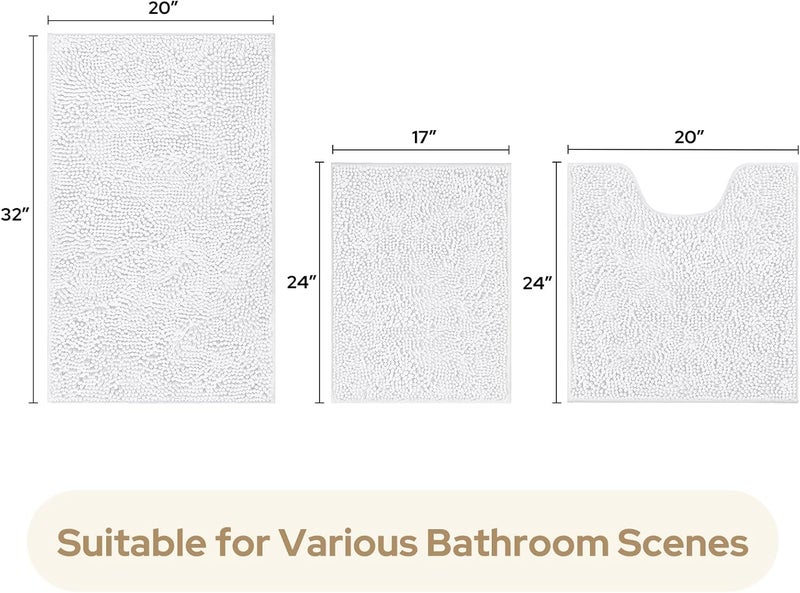 HOMEIDEAS 3 Pieces Bathroom Rugs, Ultra Soft Non Slip Absorbent Chenille Toilet Bath Mat Set (White) - Image 3