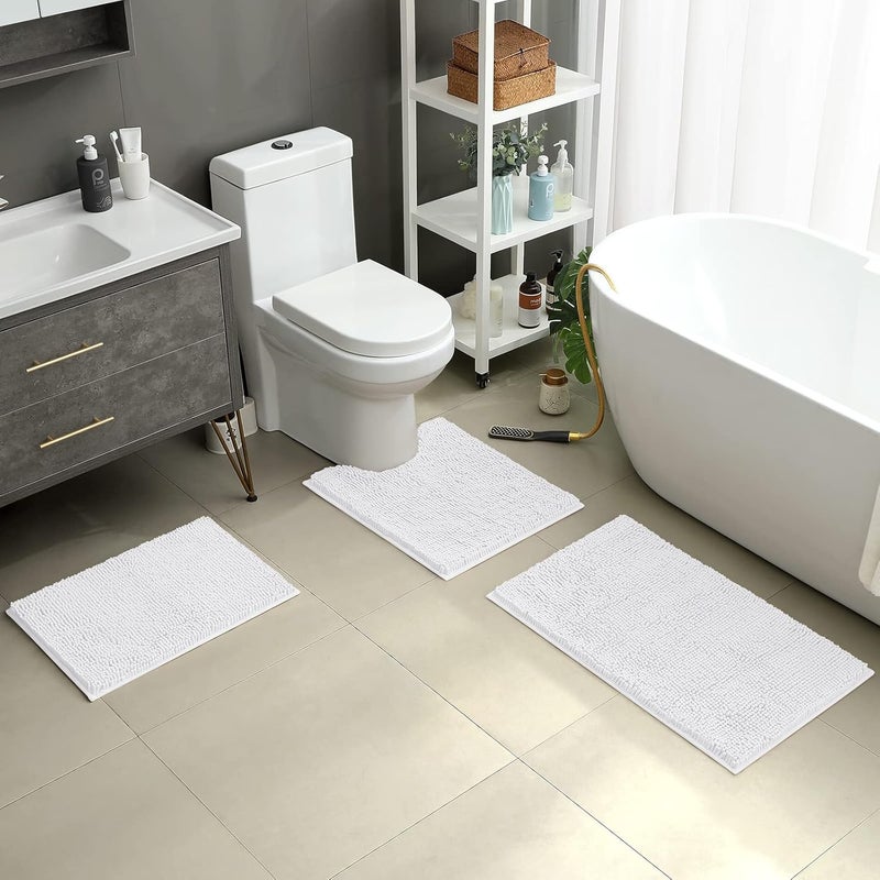HOMEIDEAS 3 Pieces Bathroom Rugs, Ultra Soft Non Slip Absorbent Chenille Toilet Bath Mat Set (White) - Image 2