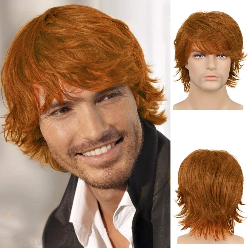 Wiwige Mens Orange Wig Short Layered Fluffy Natural Wig Synthetic Heat Resistant Halloween Cosplay Wig for Males - Image 3