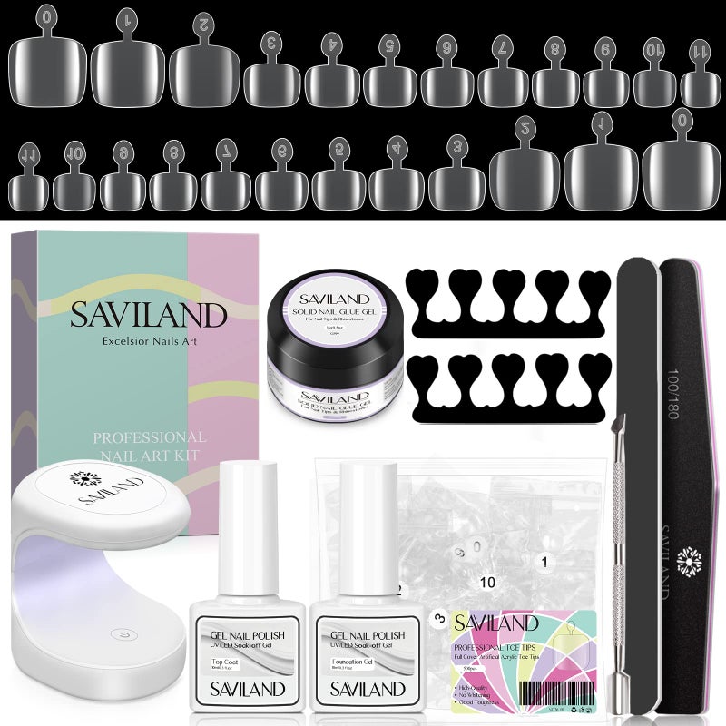 SAVILAND Toenail Tips and Solid Glue Gel 500 PCS Clear Press on Toe Tips with Nail Glue Gel Base Top Coat U V Light Pedicure Kit for Salon Home DIY Gift For Women - Image 2