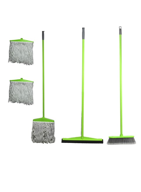 Clean and Care Cleaning Set Broom Wiper Squeegee Cotton Mop with Iron Stick and Two Refill for Home Kitchen Bathroom Cleaning Durable and Strong Assorted Color
