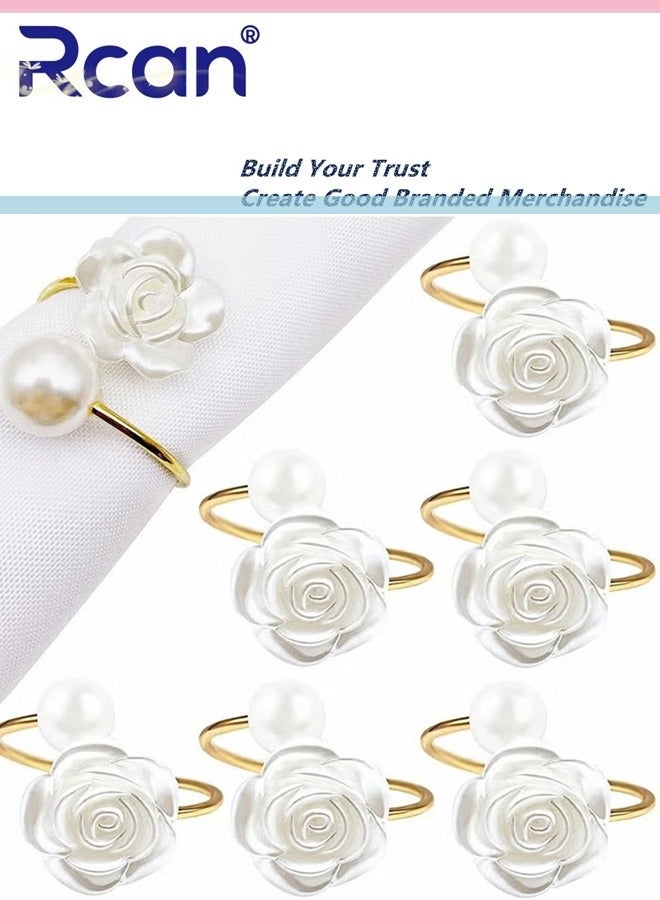 Rcan 6 Pcs Napkin Rings White Rose Pearl Dining Table Ring Holder Vintage Paper Towel Rings for Wedding Banquet Home Decorations  - Image 1