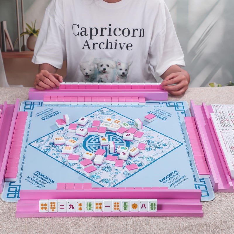 Leinuosen Wooden Mahjong Racks with Pushers 4 Set Magnet American Mahjong Tile Rack and Magnetically Attached Pushers Painted Tile Holders for Players Gift Family Game Night(Straight,Hot Pink) - Image 5