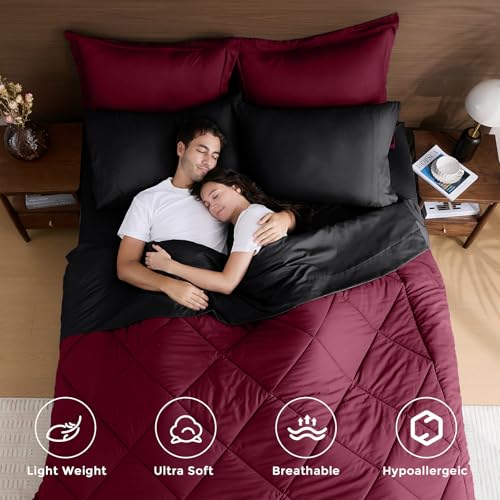 HEVUMYI Red & Black Queen Comforter Set - 7-Piece All Season Burgundy Bed in a Bag Queen, Ultra Soft Bedding Set with Comforter, Flat Sheet, Fitted Sheet, Pillowcases, Pillow Shams, Burgundy - Image 2